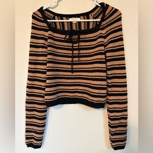 American Eagle Striped Knit Tie-Neck Sweater — Black & Brown Size M